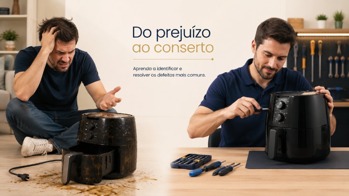 Pessoa frustrada com air fryer quebrada de um lado e pessoa consertando air fryer do outro